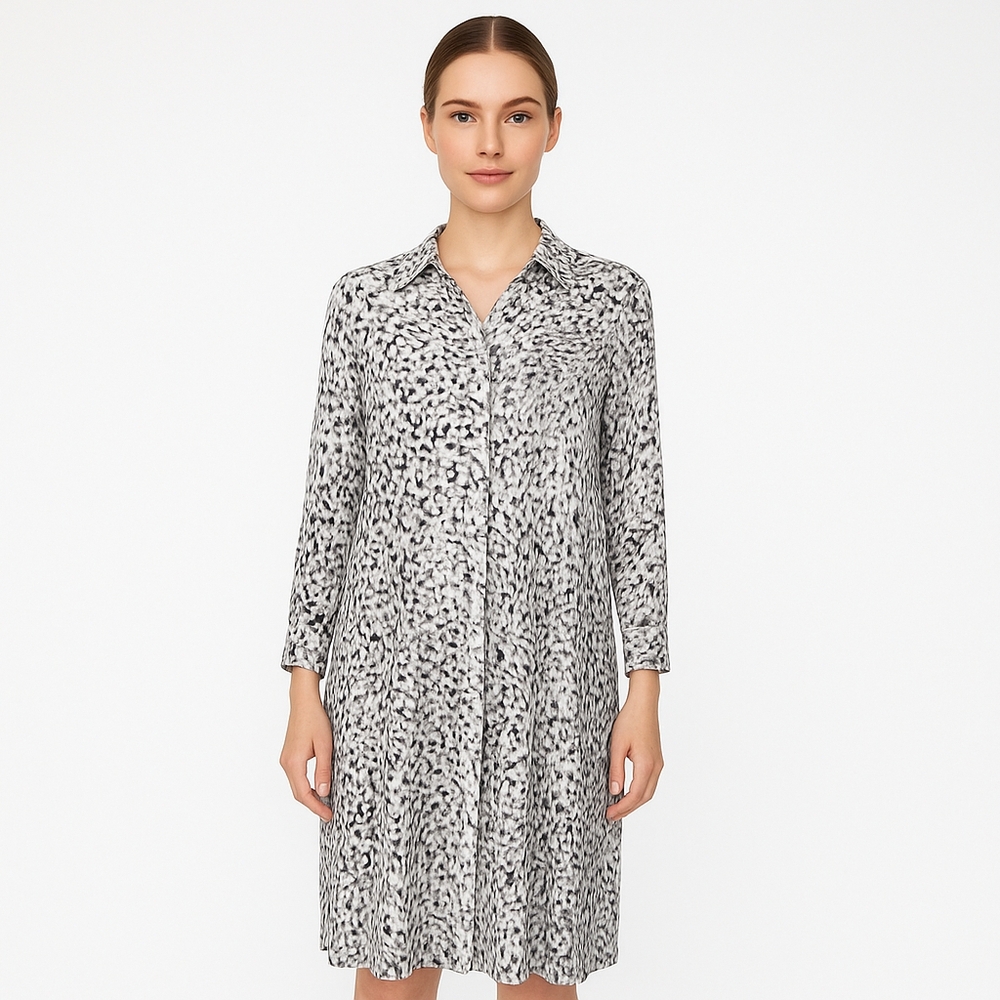 CABI 822 Shirt Dress Women Large Black White Abstract Print Long Sleeve Rayon